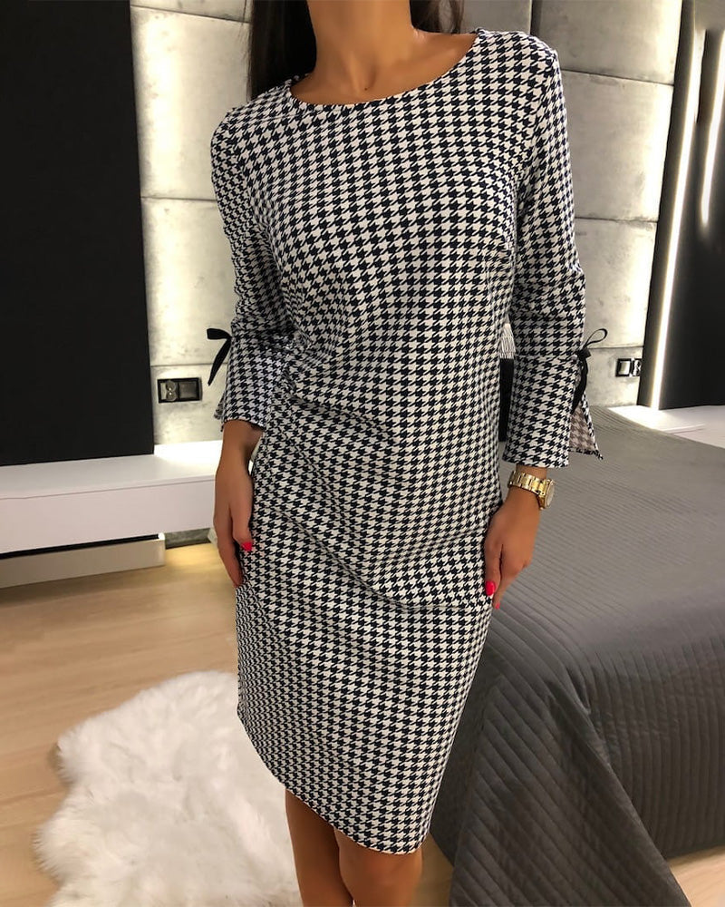 Houndstooth Long-Sleeved Fashion Dress