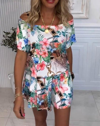 Plant and Flower Patterns, Off-the-Shoulder Jumpsuit