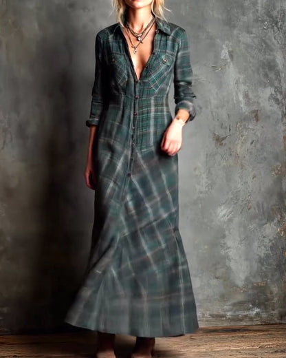 Fashionable Lapel Plaid Dress