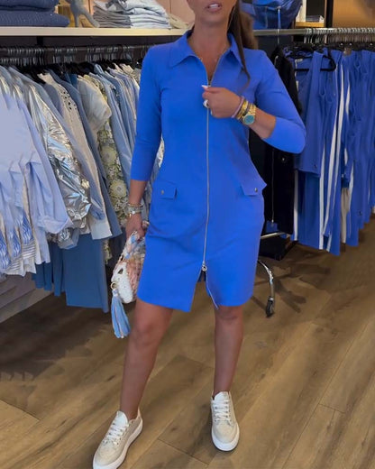 Lapel Solid Color Zipper Long Sleeve Dress