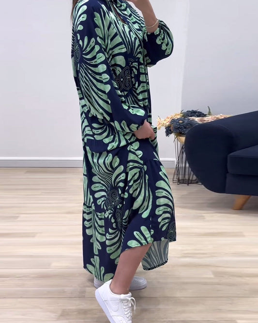 Stand collar long sleeve patchwork printed long dress