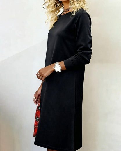 Long-Sleeved Plaid Patchwork Dress