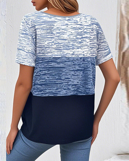 Round Neck Short Sleeve Contrast Color T-Shirt