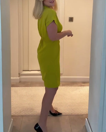 Lapel Solid Color Pleated Waist Dress