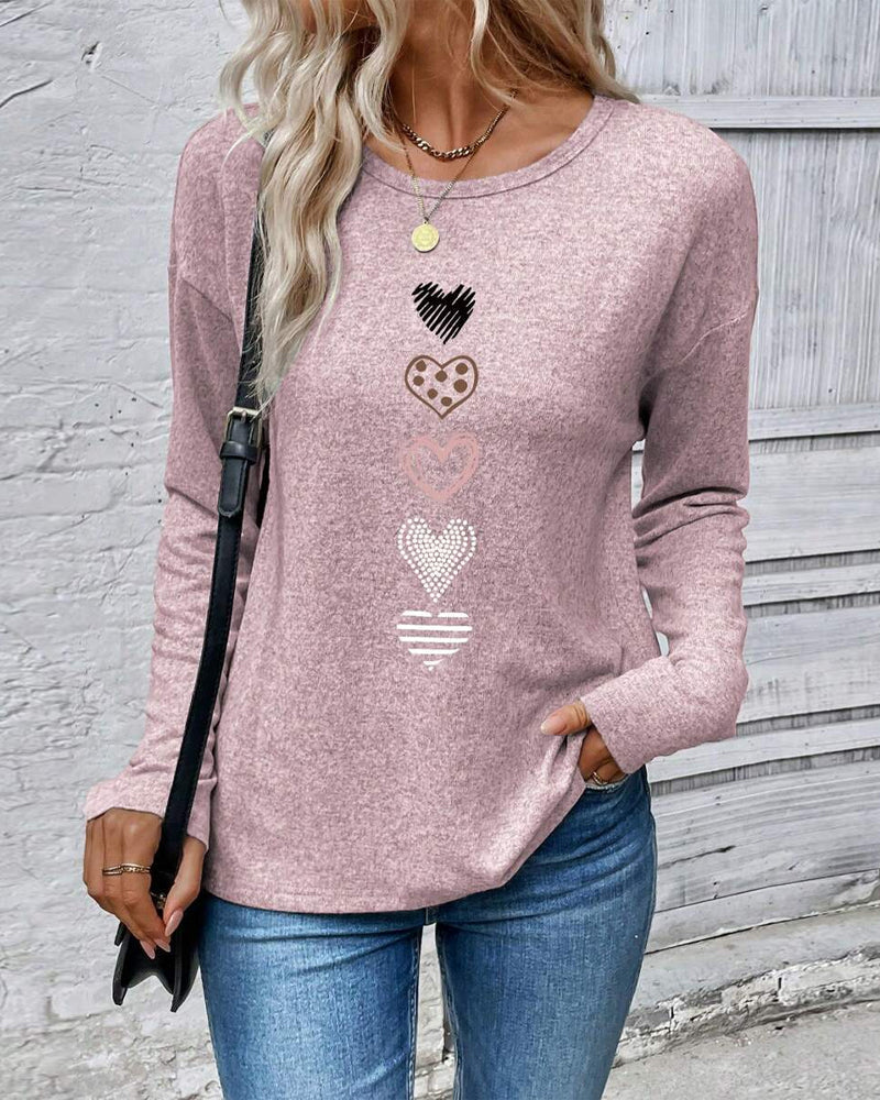 Long-Sleeved Round-Neck Love Heart Print Top