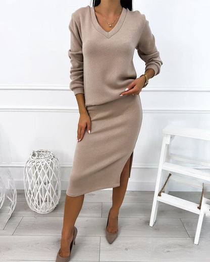 V-Neck Elegant Midi Skirt Fashion Set