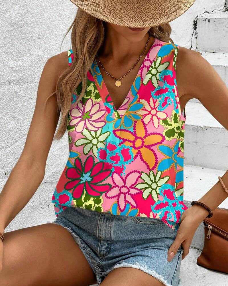 V-Neck Floral Print Sleeveless Vest