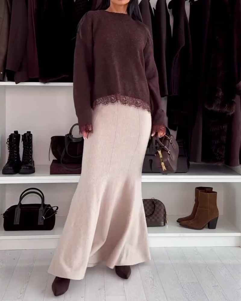 Lace Panel Crew Neck Pullover