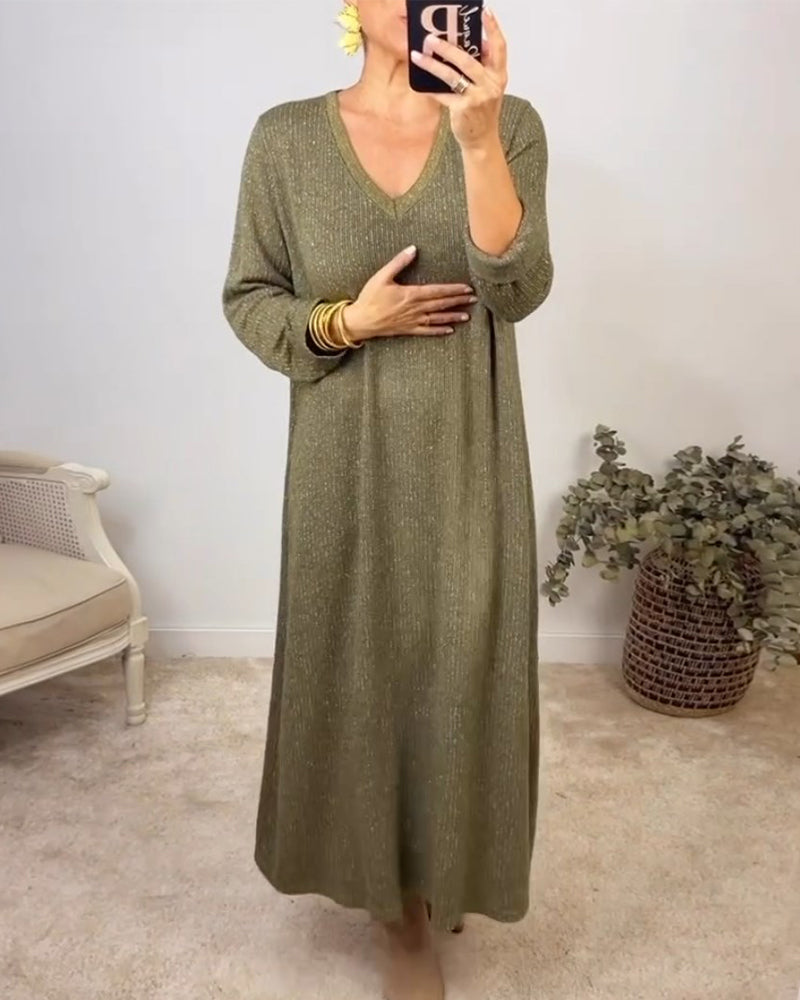 V-neck solid color elegant dress