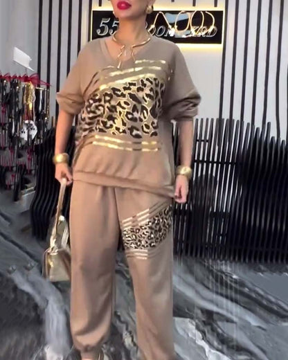 Leopard Print Casual Sweatshirt Set