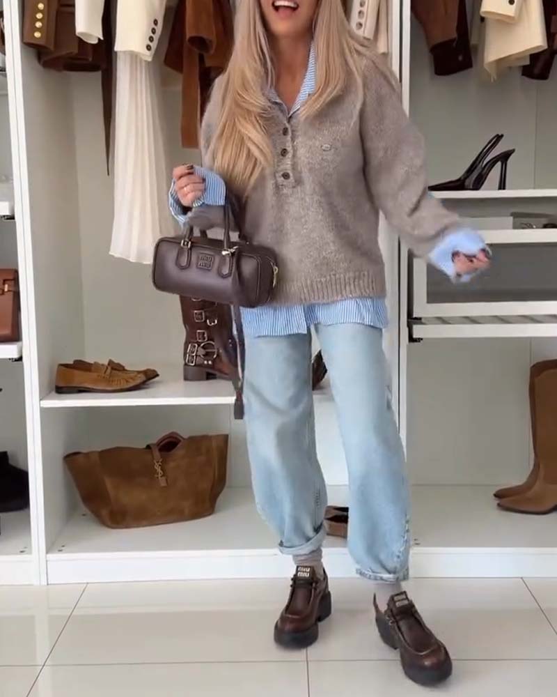 Long-Sleeved Button-Down Collar Jumper