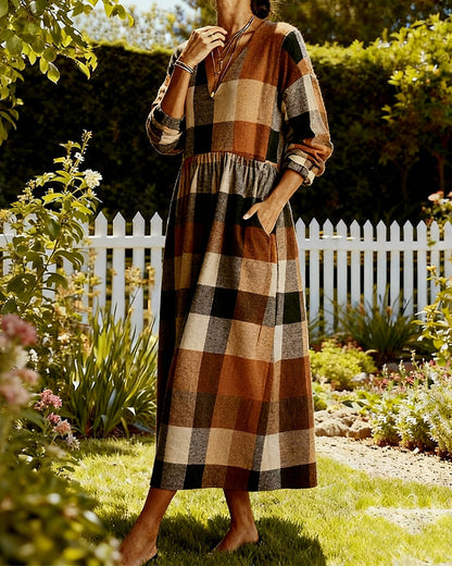 Fashionable Plaid V-Neck Dress