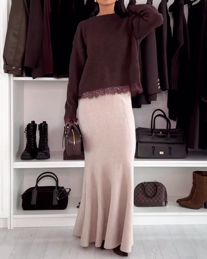 Lace Panel Crew Neck Pullover