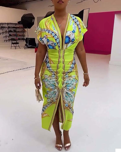 Deep V slit waist printed dress