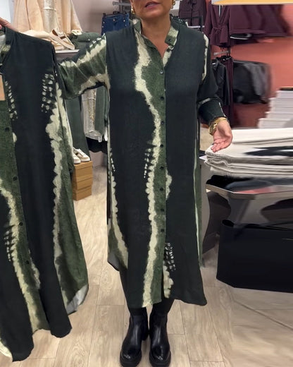 Stand collar button-down printed shirt dress