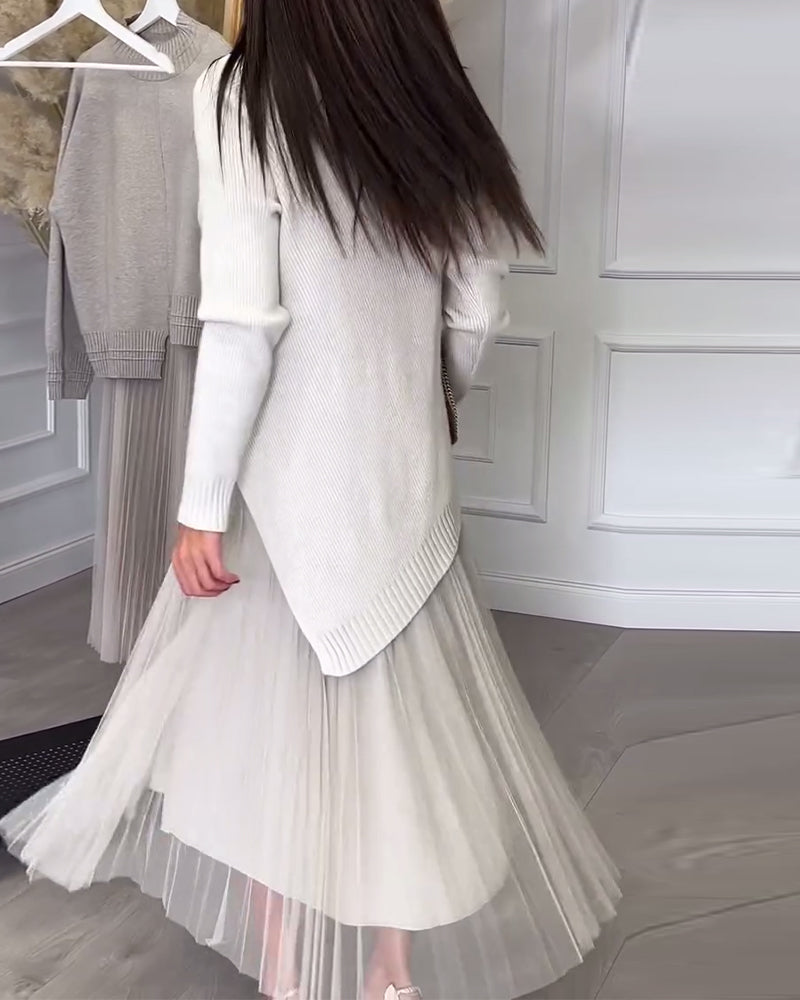 Crew Neck Irregular Pullover And Skirt Two-Piece Set