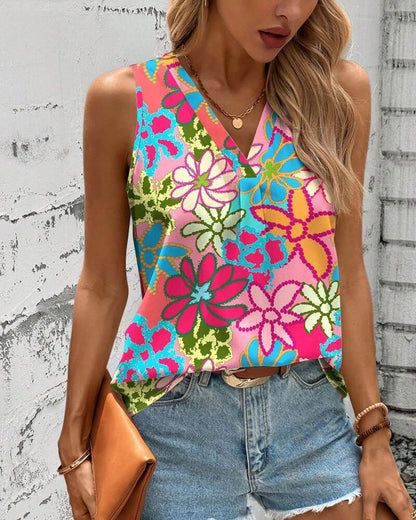 V-Neck Floral Print Sleeveless Vest