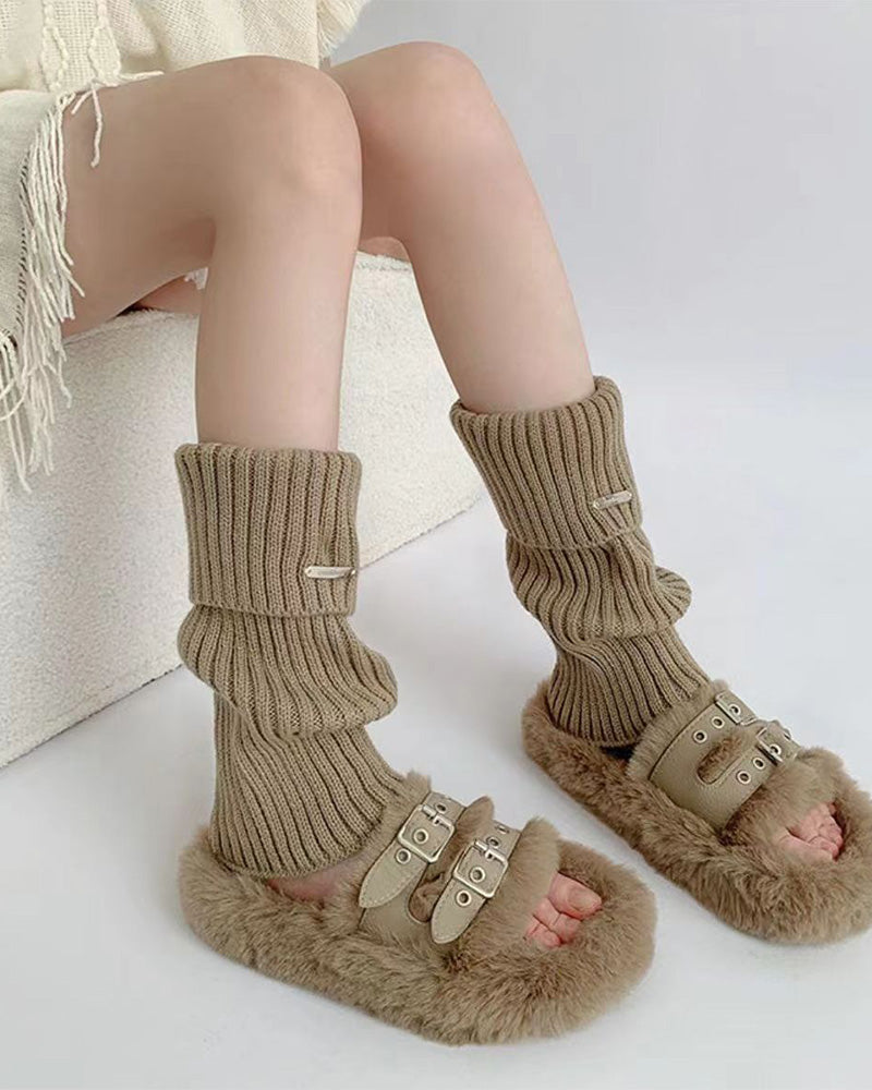 Women's Basic Solid Metal Label Decor Leg Warmers, Minimalist Womenswear