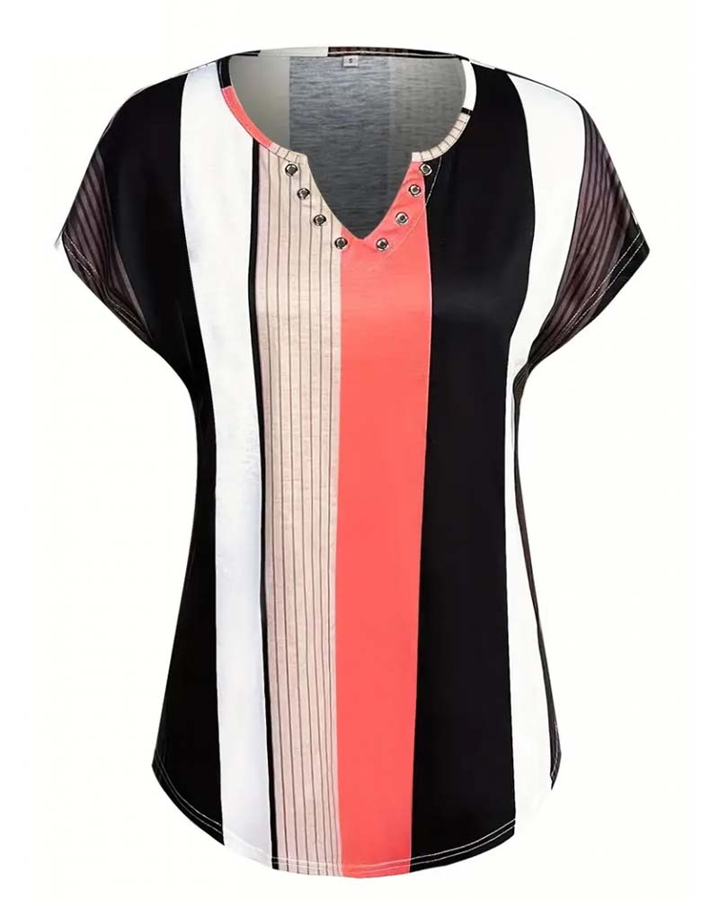 Vertical Striped Commuter Short-Sleeved Blouse