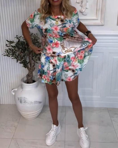 Plant and Flower Patterns, Off-the-Shoulder Jumpsuit