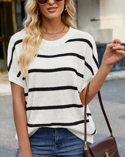 Striped Drop Shoulder Short Sleeve Sweater