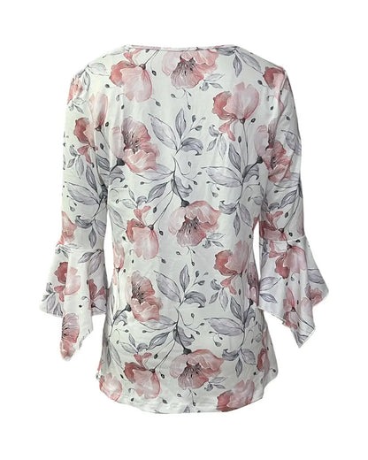 Flare Sleeve Printed Ruffle Blouse