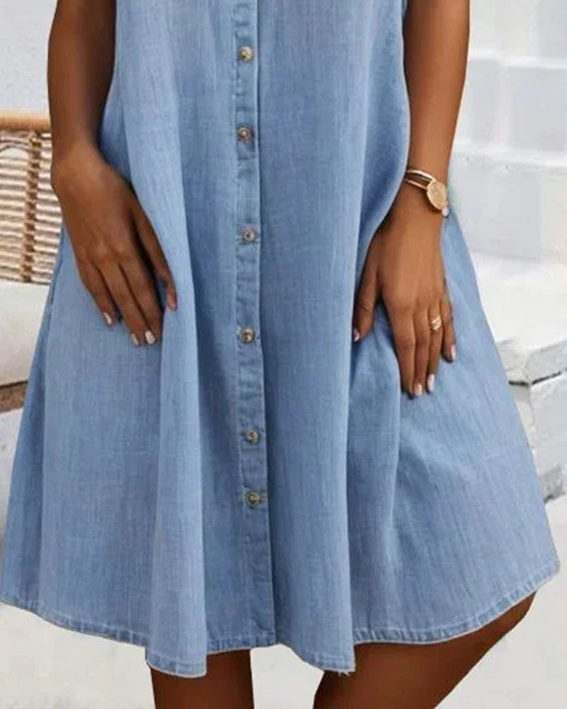 Short Sleeve Lapel Solid Button Dress