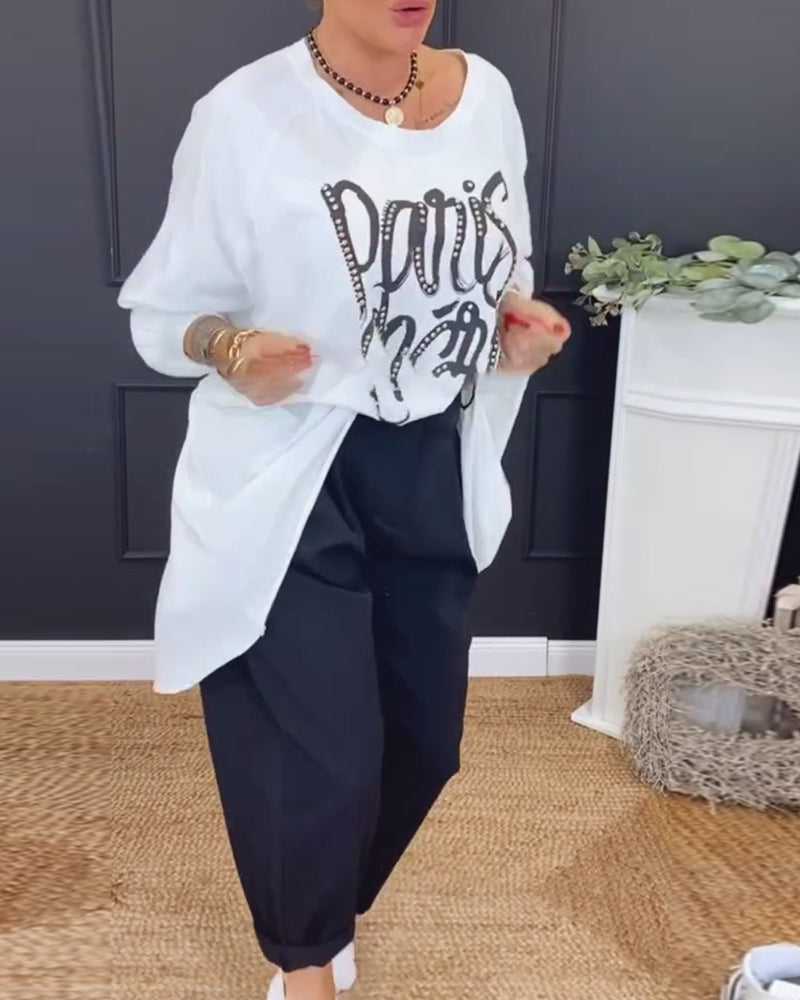 Round Neck Irregular Letter Print Top