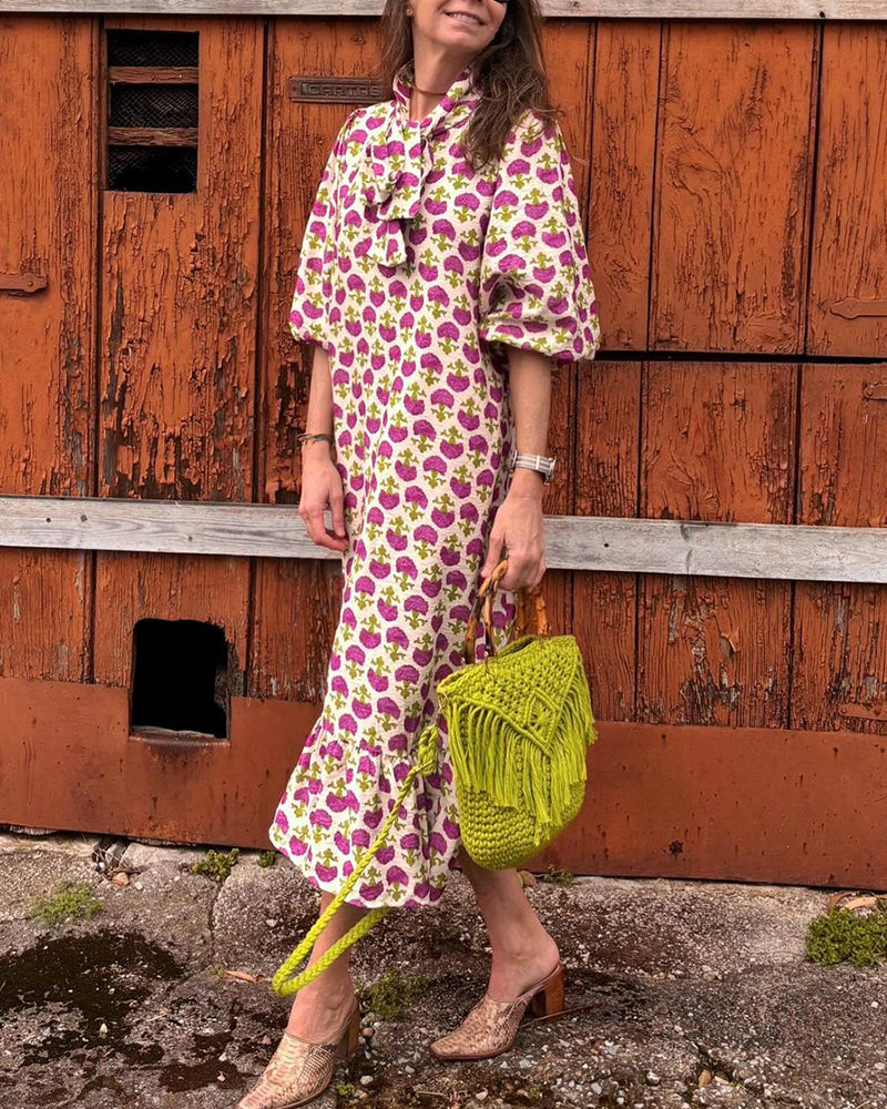 Puff sleeve printed elegant dress