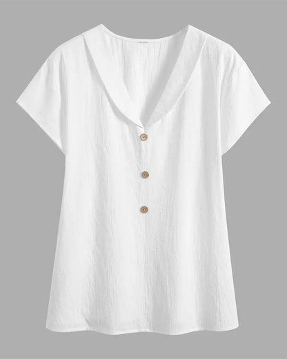 Lapel Solid Color Button Short Sleeve Blouse