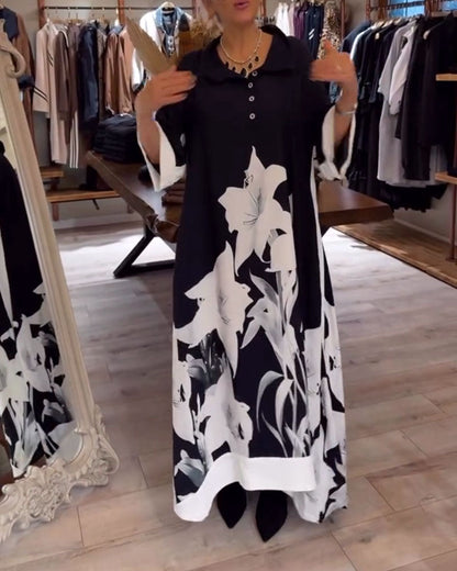 Lapel Printed Oversized Maxi Dress