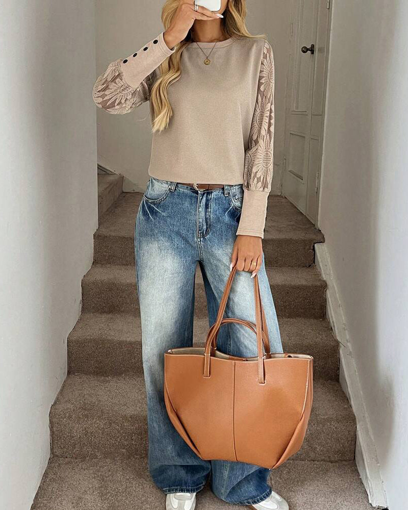 Lace Crochet Splicing Long Sleeve Top