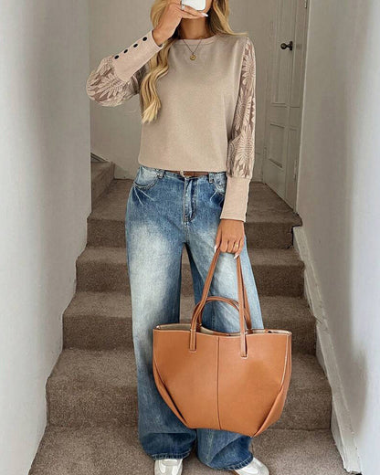 Lace Crochet Splicing Long Sleeve Top