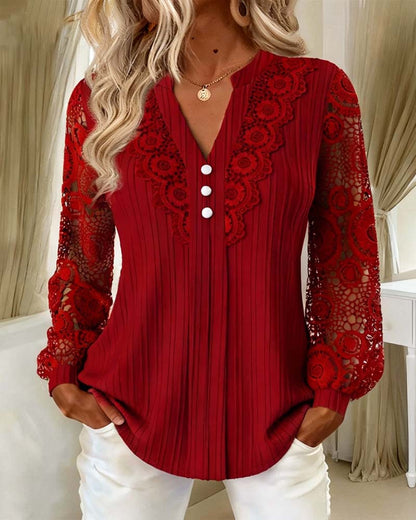 Lace Paneled Long-Sleeved V-Neck Blouse