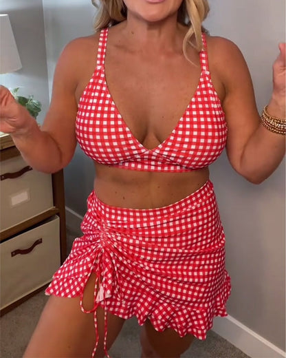 Casual Strap Plaid Print Two-Piece Swimsuit