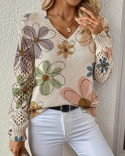 V-Neck Openwork Knit Sweater