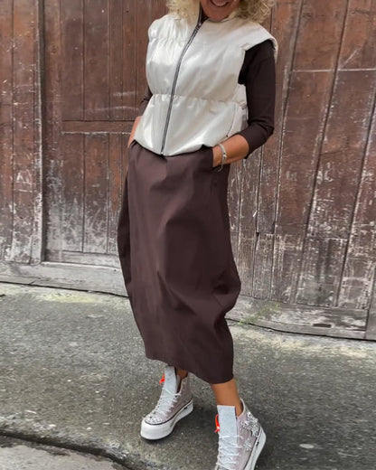 Simple solid color pocket long sleeve elegant dress