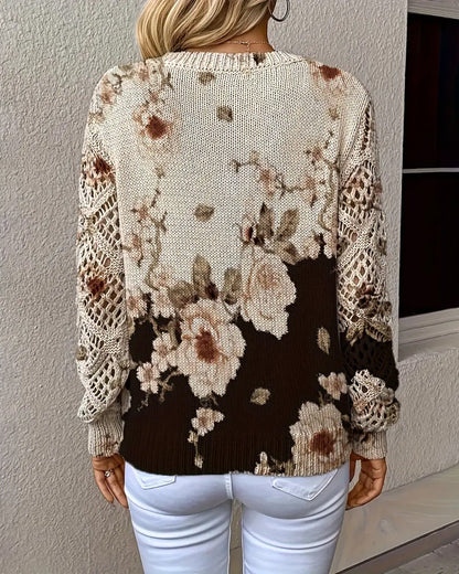 V-Neck Floral Print Hollow Sweater