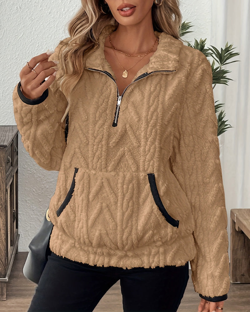 Lapel Zipper Front Fuzzy Sweatshirt