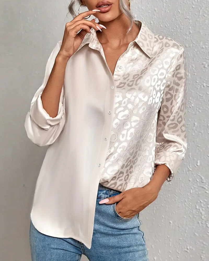 Satin Leopard Print Splicing Shirt