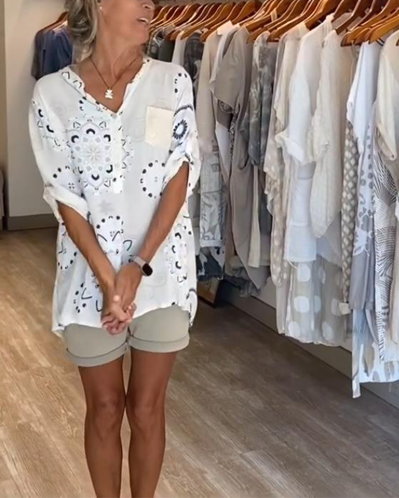 Versatile V-Neck Printed Half Sleeves Blouse