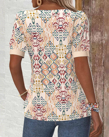 Slant Collar Short Sleeve Printed Casual Blouse