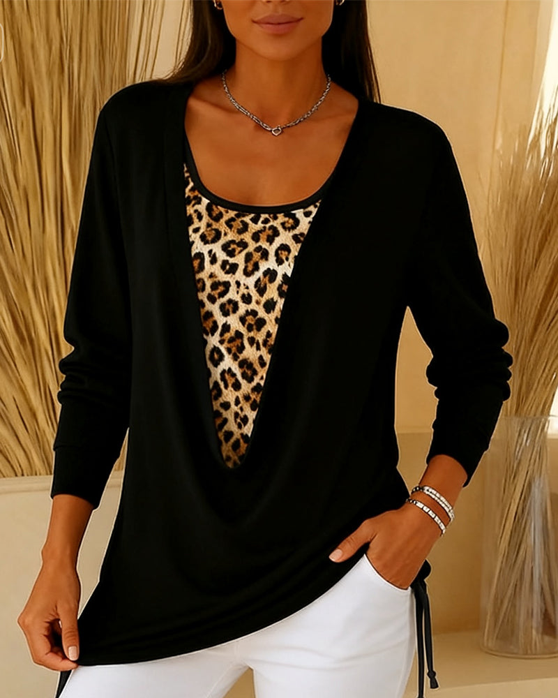 Fake Two-Piece Lace-Up Leopard Print T-Shirt