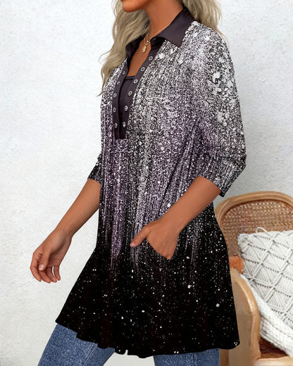 Long-Sleeved Collared Printed Blouse