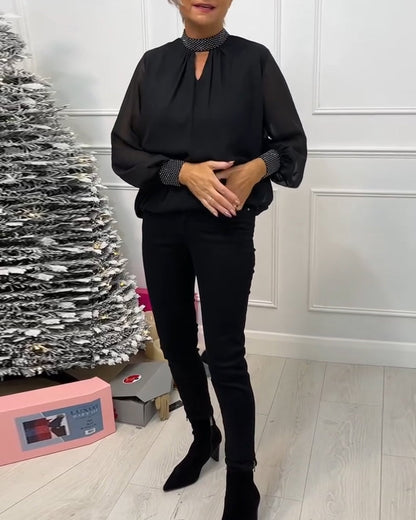 Fashion solid color stand collar patchwork hollow blouse