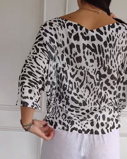 Three-Quarter Sleeve Leopard Print Loose Sweater