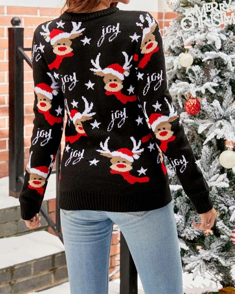 Casual Crew Neck Reindeer Pattern Pullover
