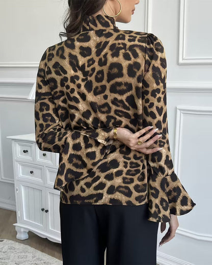 Leopard Print Ribbon Neck Blouse