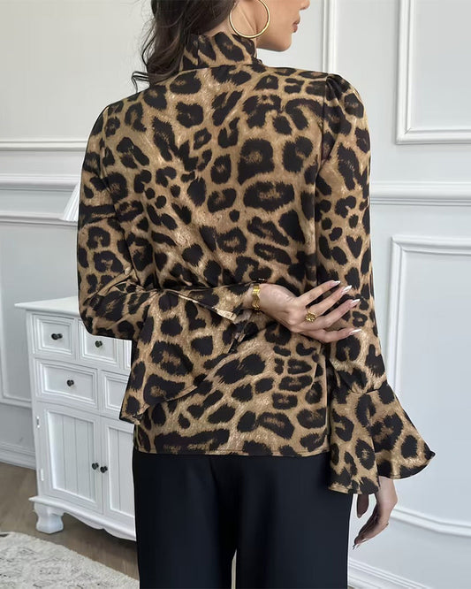 Leopard Print Ribbon Neck Blouse