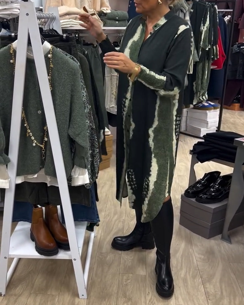 Stand collar button-down printed shirt dress